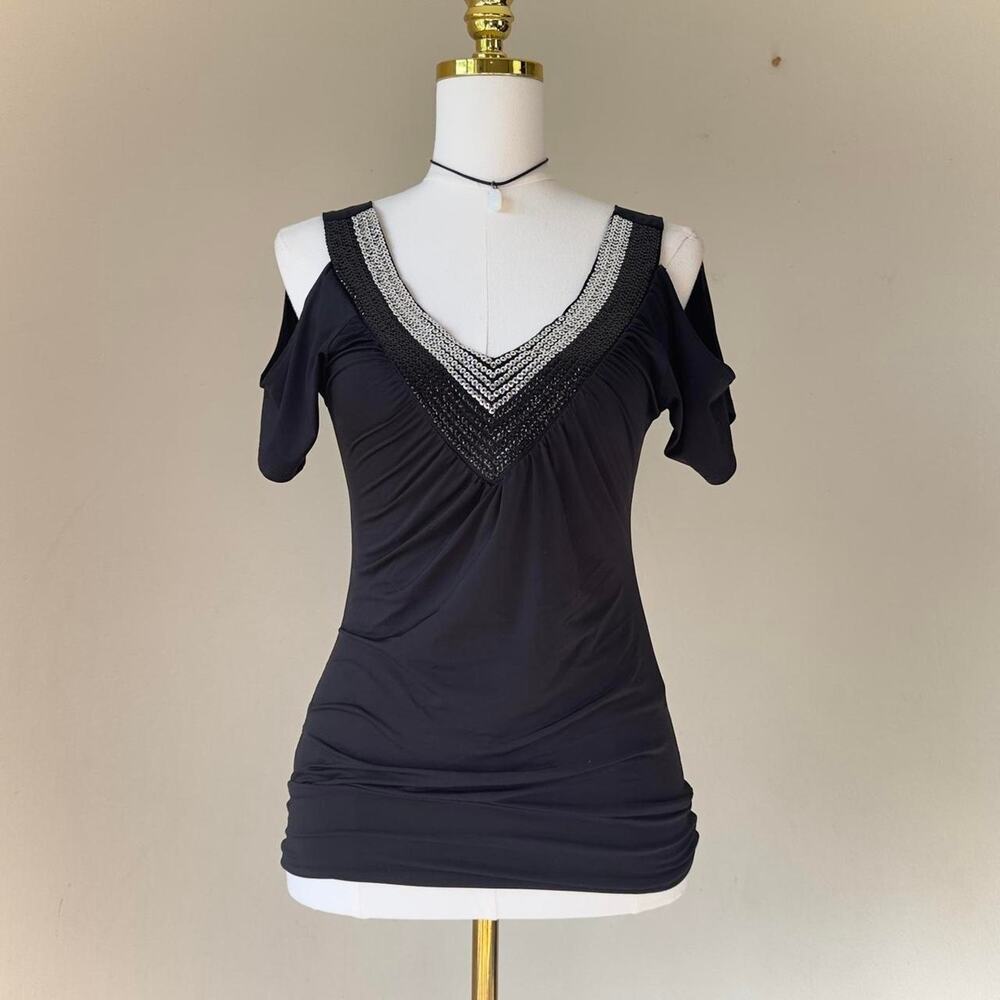 Addictive Sequin Top Small Black Cold Shoulder V Neck Going Out Tuscan Mom Core